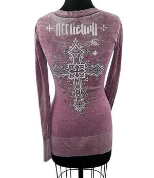 VINTAGE Affliction Pink Sweater Graphic Rib V-Neck Long Sleeve Knit Size S Small